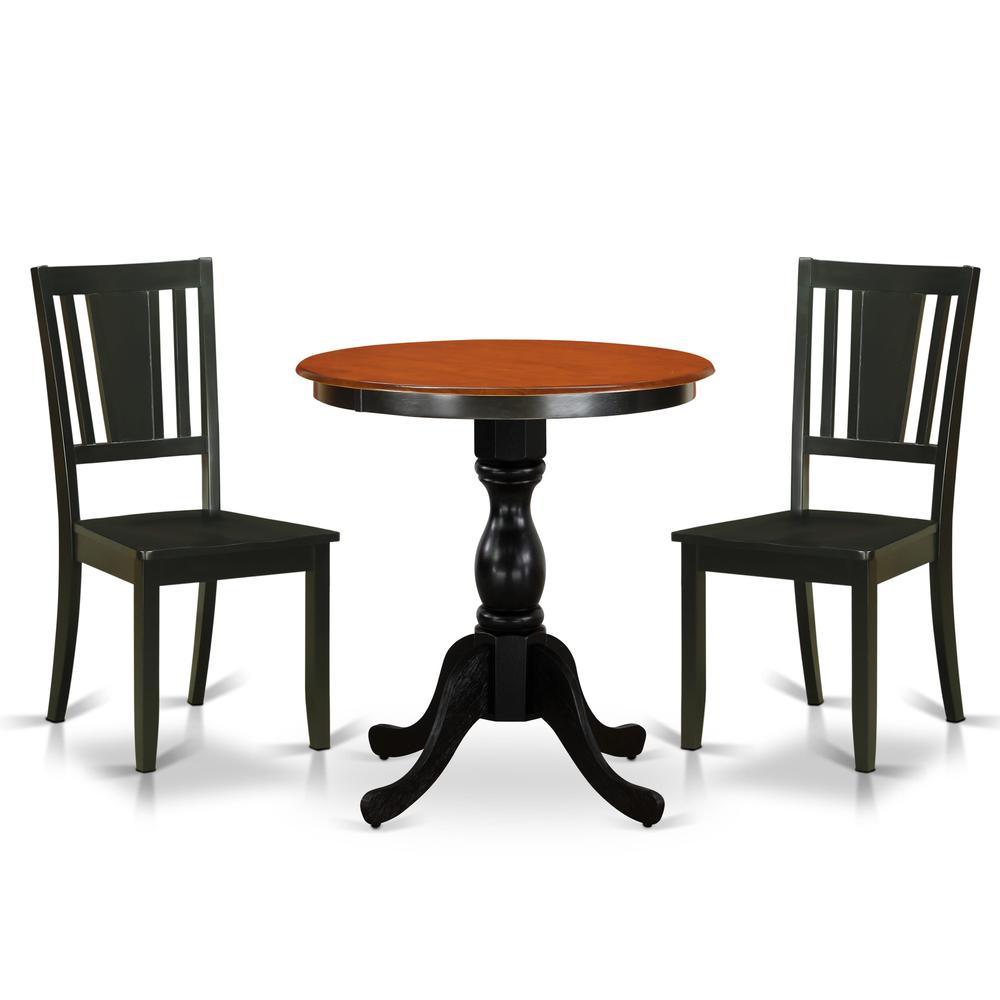 East West Furniture 3-Piece Mid Century Modern Dining Set Include a Wood Table and 2 Dining Chairs with Slatted Back - Black Finish. Picture 1