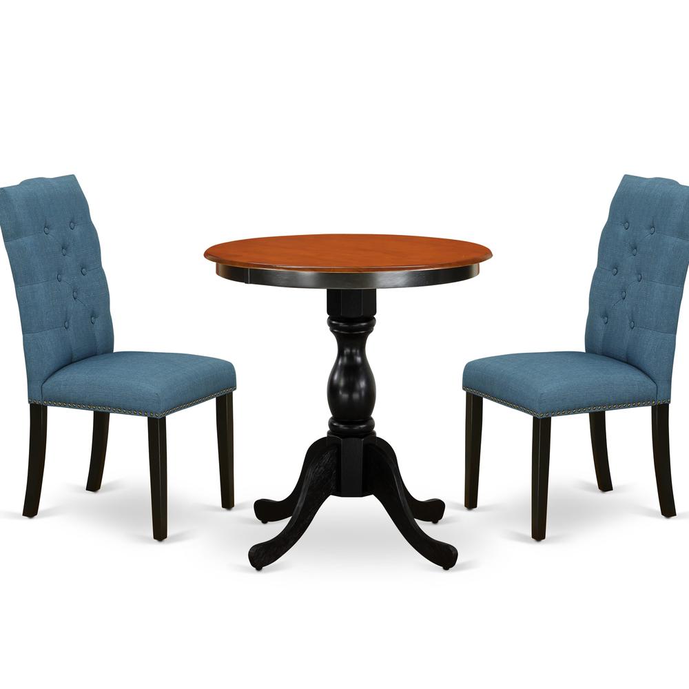 East West Furniture 3-Piece Dining Room Set Include a Round Table and 2 Blue Linen Fabric Parson Chairs with Button Tufted Back - Black Finish. Picture 1