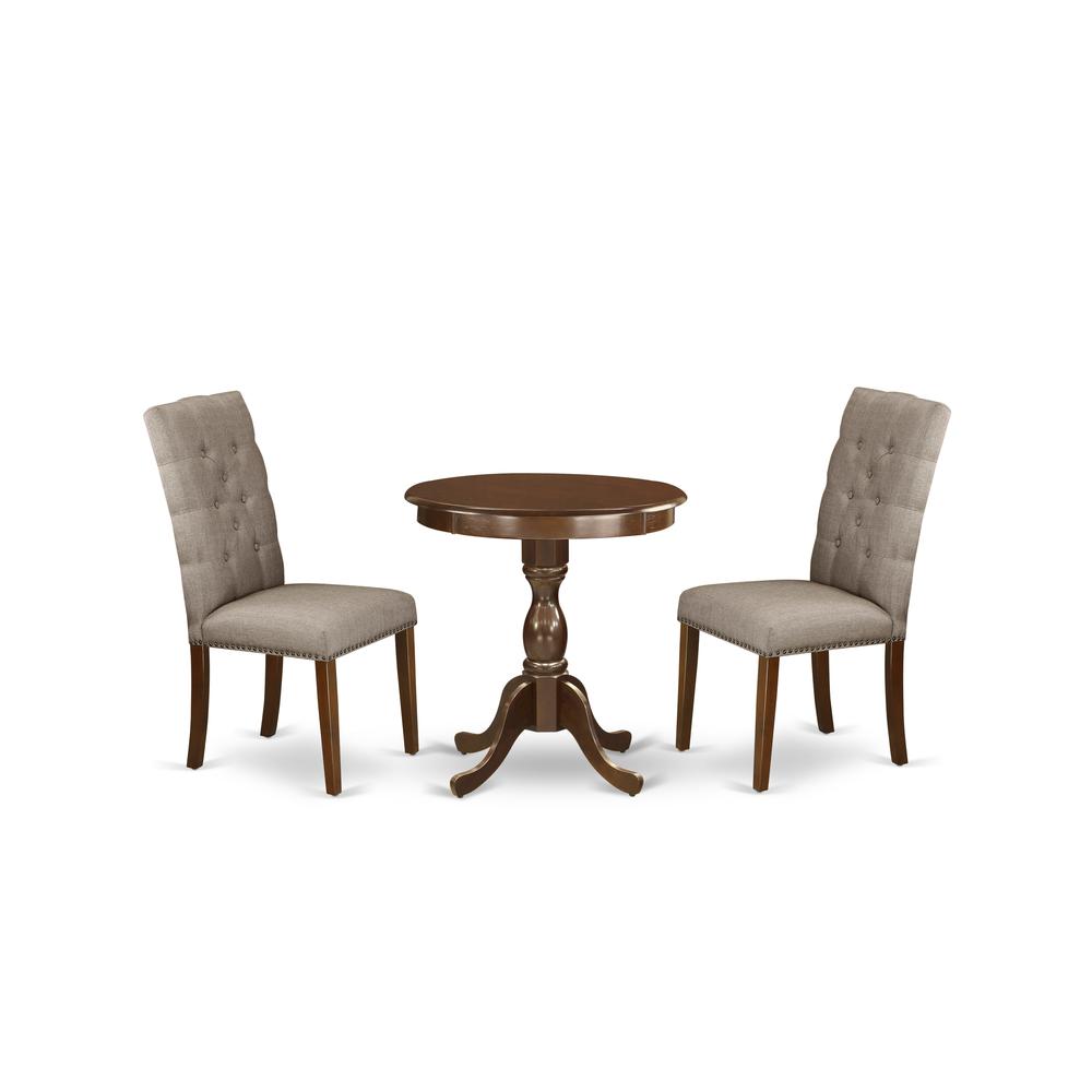 East West Furniture - ESEL3-MAH-16 - 3-Pc Modern Dining Table Set - 2 Dining Padded Chairs and 1 Kitchen Table (Mahogany Finish). Picture 1