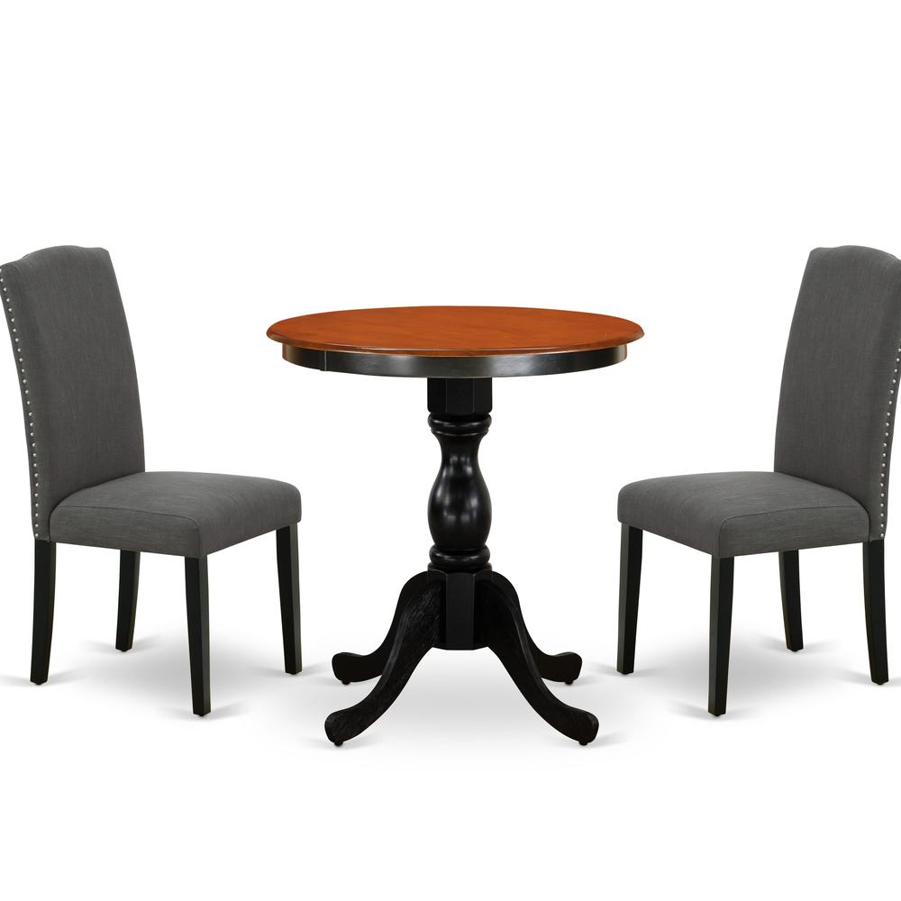 East West Furniture 3-Piece Modern Dining Set Consist of Dining Table and 2 Dark Gotham Grey Linen Fabric Parson Chairs with High Stylish Back - Black Finish. Picture 1