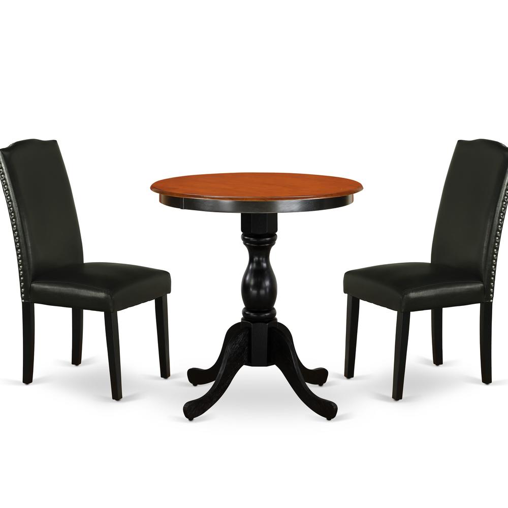 East West Furniture 3-Piece Modern Table Set Contains a Modern Kitchen Table and 2 Black PU Leather Upholstered Chairs with Stylish High Back - Black Finish. Picture 1