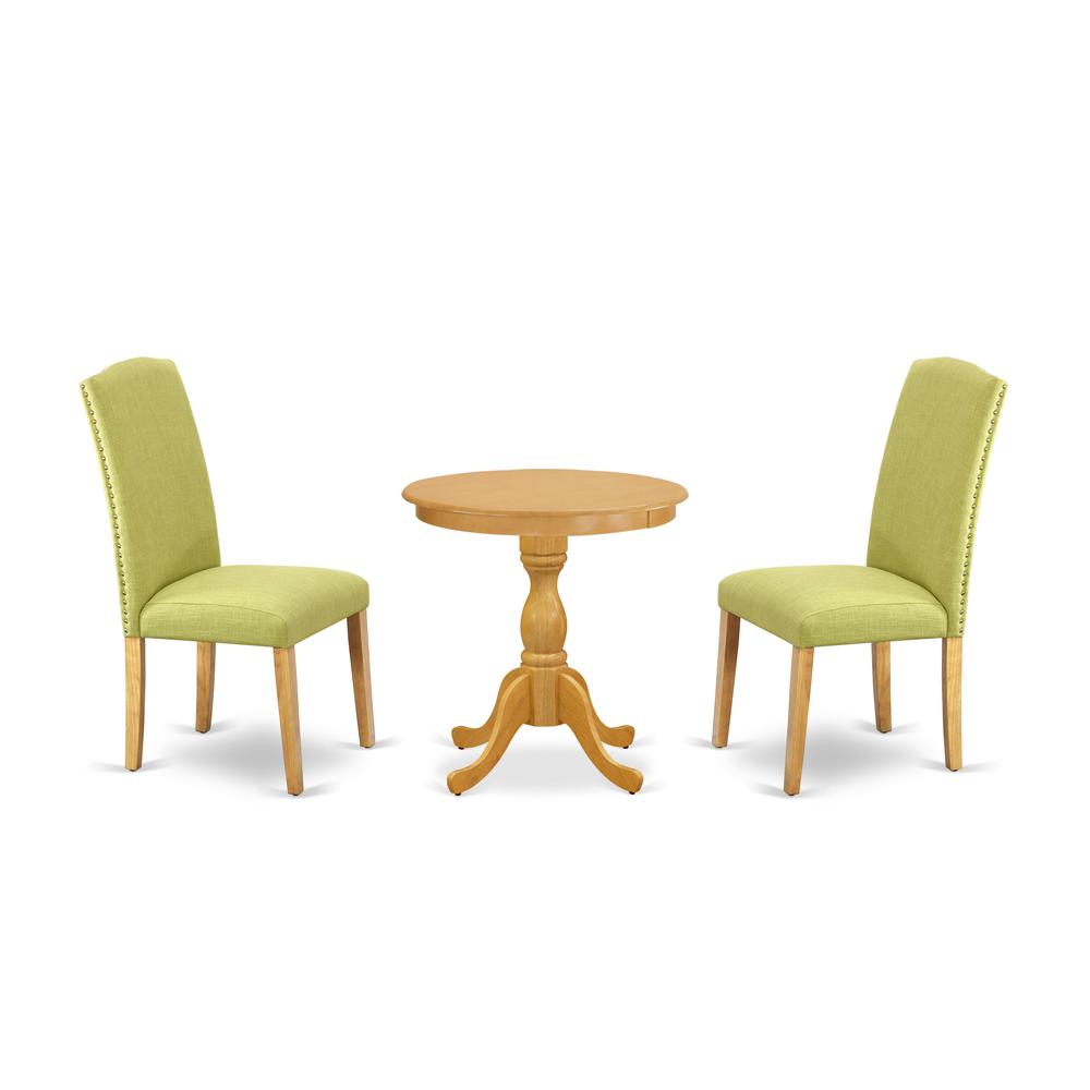 East West Furniture - ESEN3-OAK-07 - 3-Pc Dining Room Table Set - 2 Dining Padded Chairs and 1 Kitchen Dining Table (Oak Finish). Picture 1