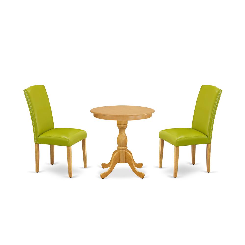 East West Furniture - ESEN3-OAK-51 - 3-Pc Dining Room Table Set - 2 Mid Century Dining Chairs and 1 Wooden Dining Table (Oak Finish). Picture 1