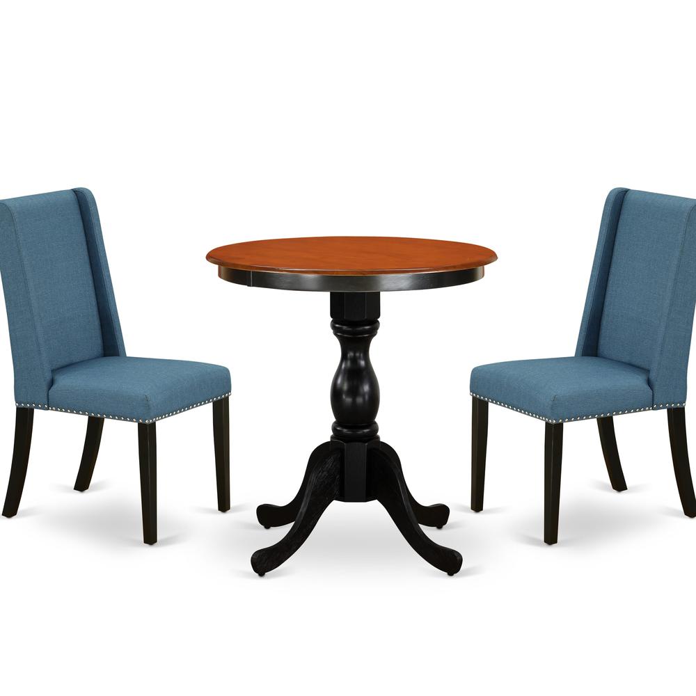 East West Furniture 3-Piece Dining Table Set Consist of Dining Room Table and 2 Blue Linen Fabric Padded Chairs with Stylish High Back - Black Finish. Picture 1