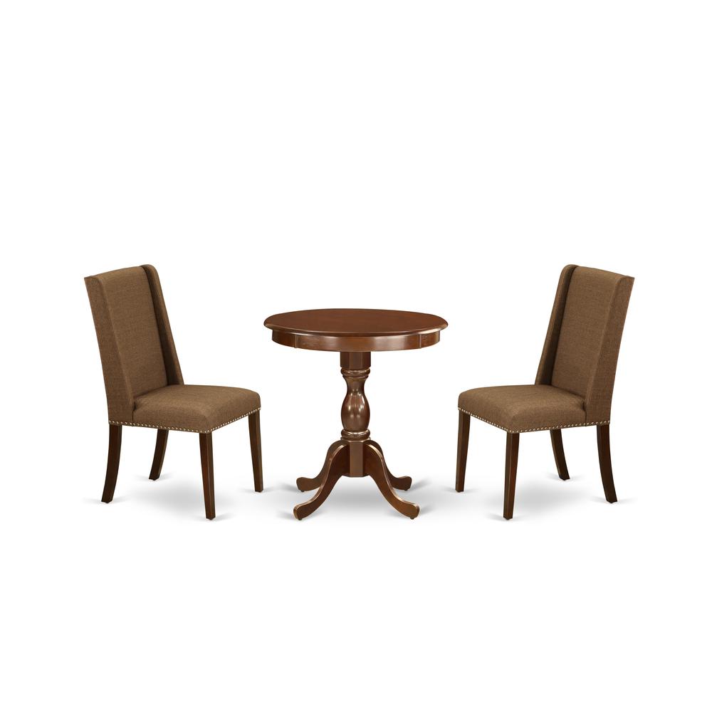 East West Furniture - ESFL3-MAH-18 - 3-Pc Modern Dining Table Set - 2 Kitchen Chairs and 1 Dining Room Table (Mahogany Finish). Picture 1