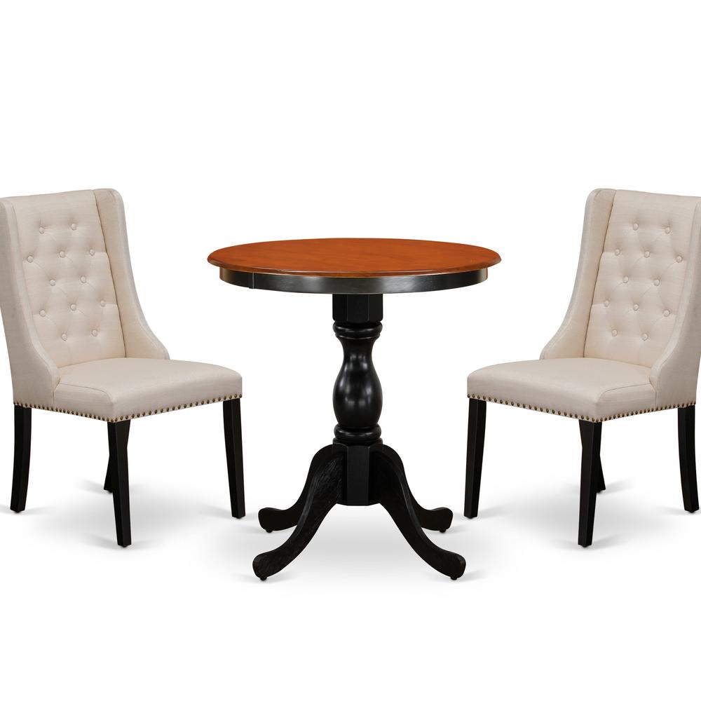 East West Furniture 3-Piece Mid Century Dining Set Consist of Dining Table and 2 Cream Linen Fabric Parson Chairs with Button Tufted Back - Black Finish. Picture 1