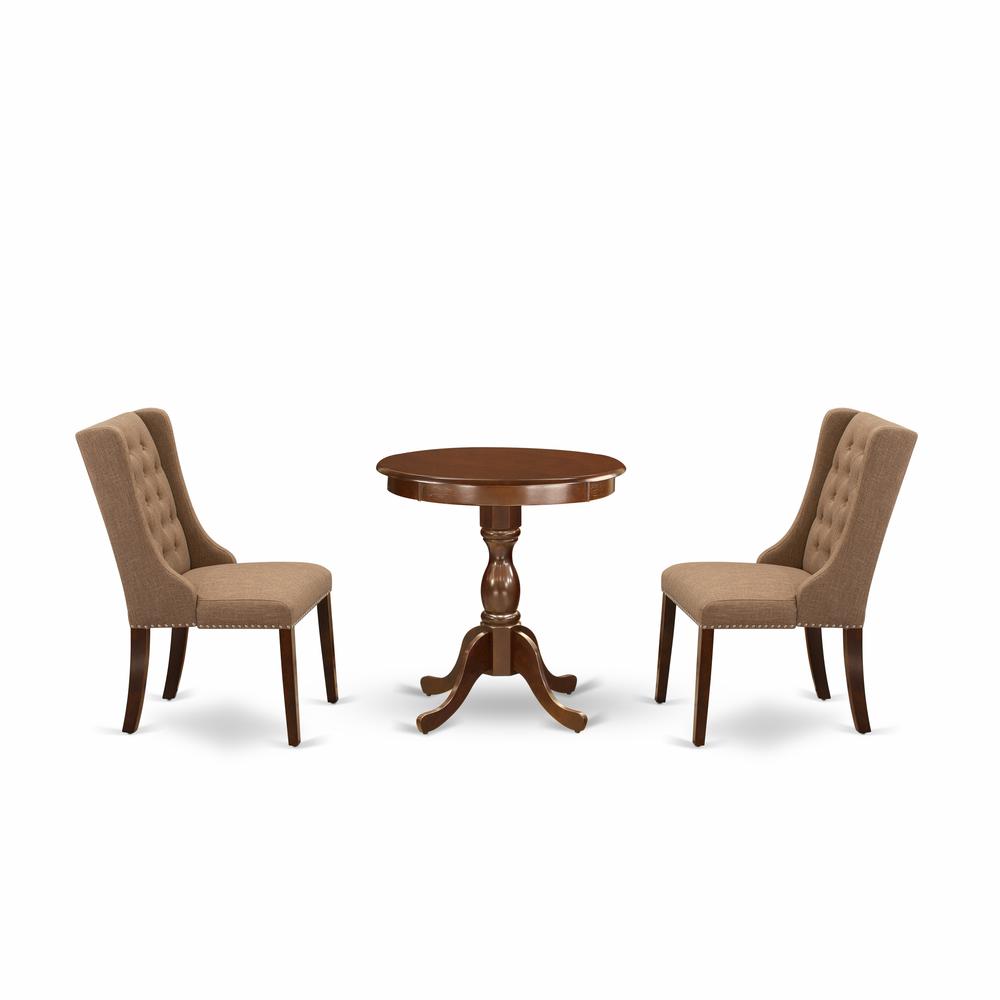 East West Furniture - ESFO3-MAH-47 - 3-Pc Dining Room Set - 2 Dining Padded Chairs and 1 Kitchen Table (Mahogany Finish). Picture 1