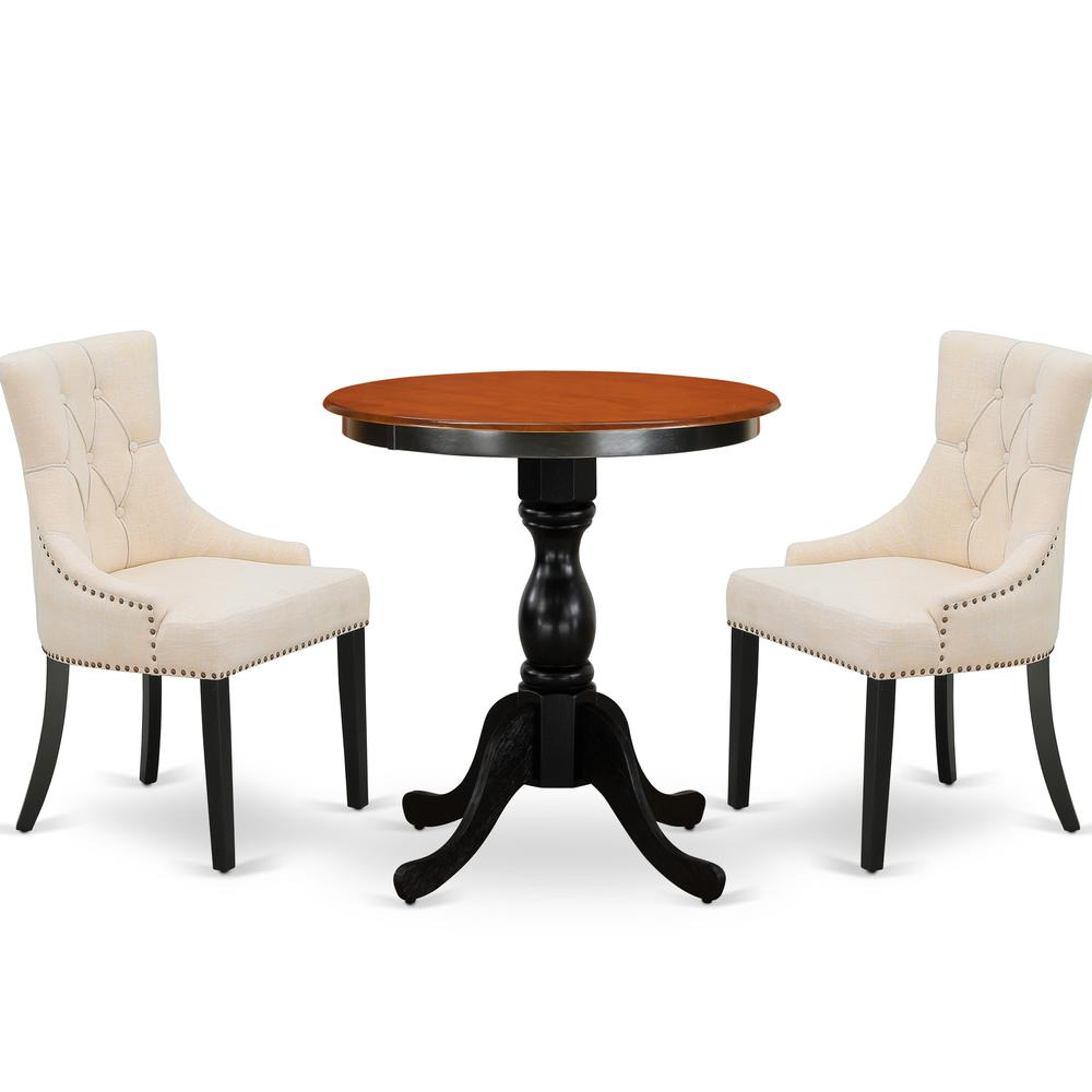 East West Furniture 3-Piece Kitchen Dining Table Set Include a Mid Century Dining Table and 2 Light Beige Linen Fabric Dining Chairs with Button Tufted Back - Black Finish. Picture 1