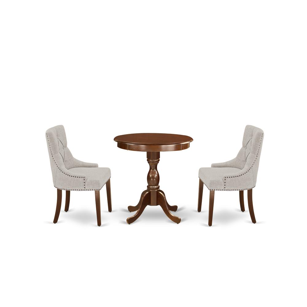 East West Furniture - ESFR3-MAH-05 - 3-Pc Dinette Table Set - 2 Dining Room Chairs and 1 Kitchen Dining Table (Mahogany Finish). Picture 1