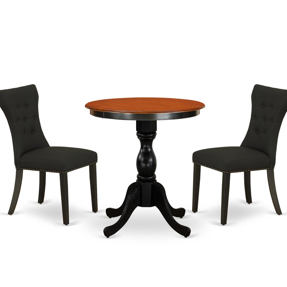 East West Furniture 3-Piece Modern Dining Set Contains a Dinner Table and 2 Black Linen Fabric Parson Chairs with Button Tufted Back - Black Finish. Picture 1
