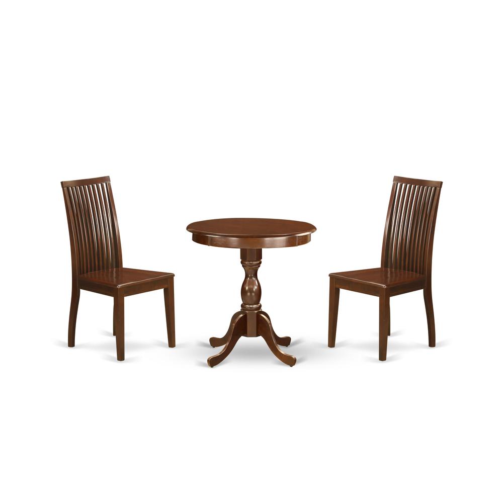 East West Furniture - ESIP3-MAH-W - 3-Pc Dining Room Set - 2 Kitchen Dining Chairs and 1 Wooden Dining Table (Mahogany Finish). Picture 1