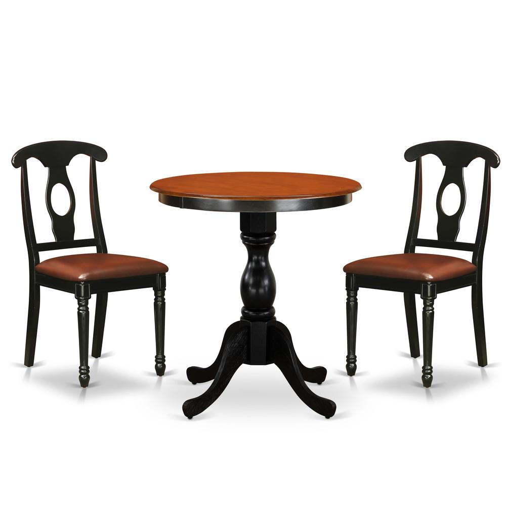 East West Furniture 3-Piece Table Set Contains a Dinner Table and 2 Faux Leather Kitchen Chairs with Napoleon Back - Black Finish. Picture 1