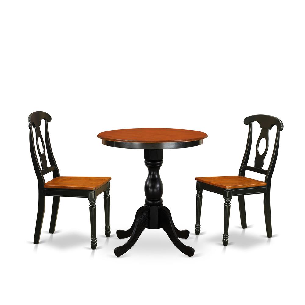 East West Furniture 3-Piece Dining Table Set Contains a Wood Table and 2 Mid Century Dining Chairs with Napoleon Back - Black Finish. Picture 1