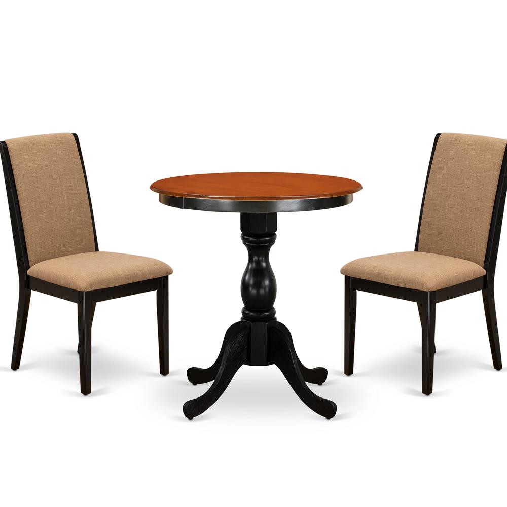 East West Furniture 3-Piece Dinner Table Set Include a Wood Table and 2 Light Sable Linen Fabric Padded Chairs with Stylish High Back - Black Finish. Picture 1