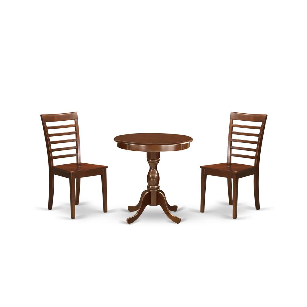 East West Furniture - ESML3-MAH-W - 3-Pc Modern Kitchen Dining Set - 2 Wooden Dining Room Chairs and 1 Kitchen Dining Table (Mahogany Finish). Picture 1