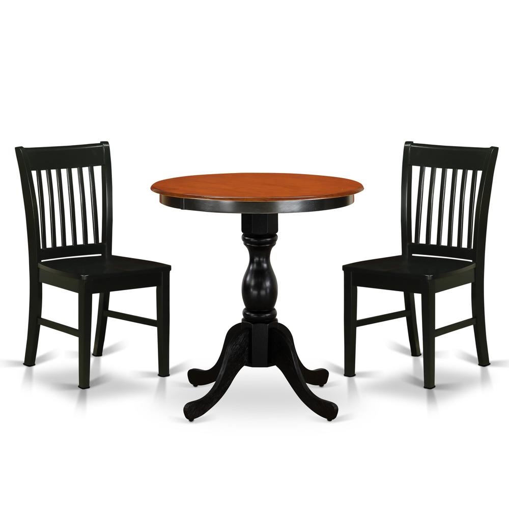 East West Furniture 3-Piece Kitchen Dining Table Set Include a Dinner Table and 2 Wood Chairs with Slatted Back - Black Finish. Picture 1