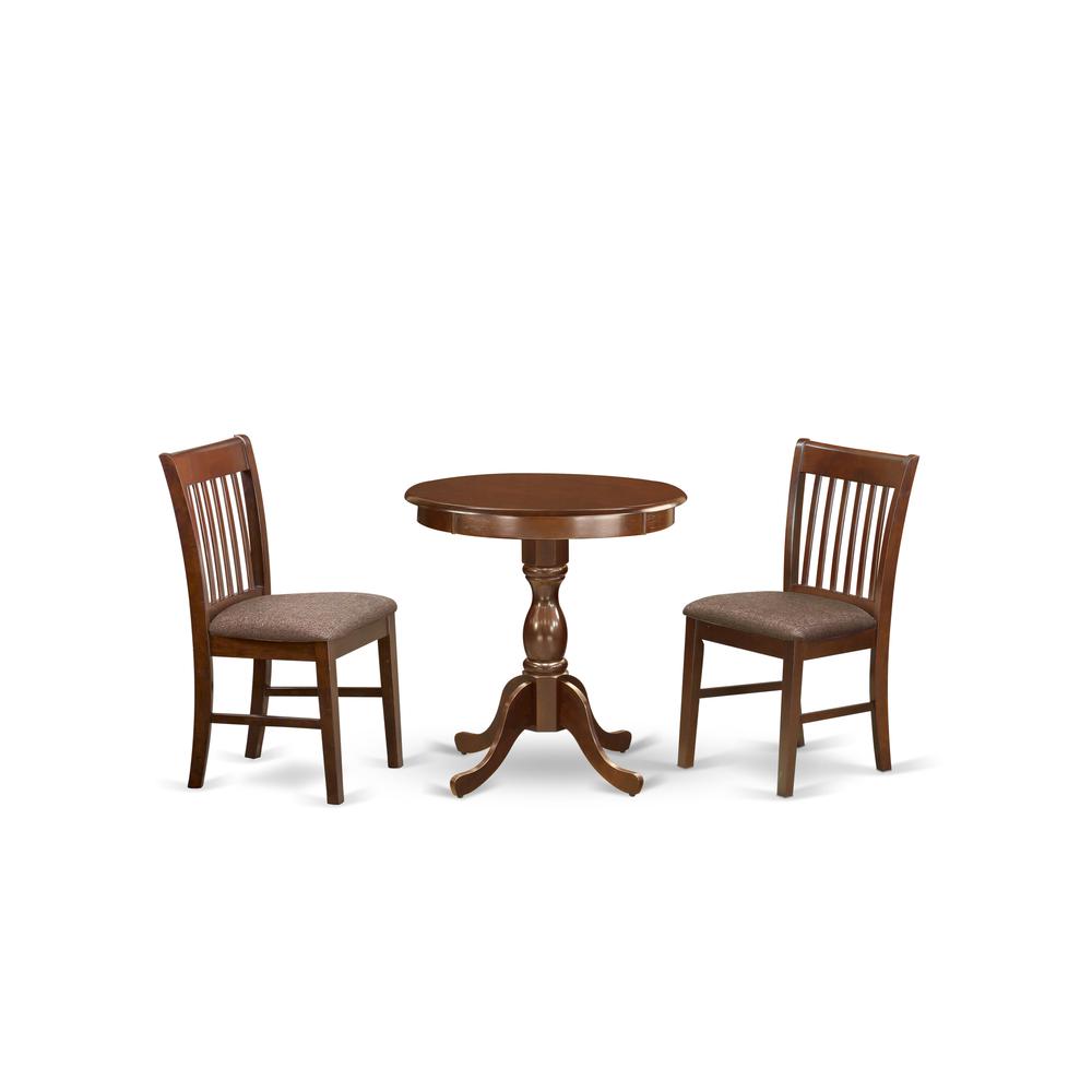 East West Furniture - ESNF3-MAH-C - 3-Pc Dining Room Table Set - 2 Wooden Dining Chairs and 1 Modern Dining Table (Mahogany Finish). Picture 1