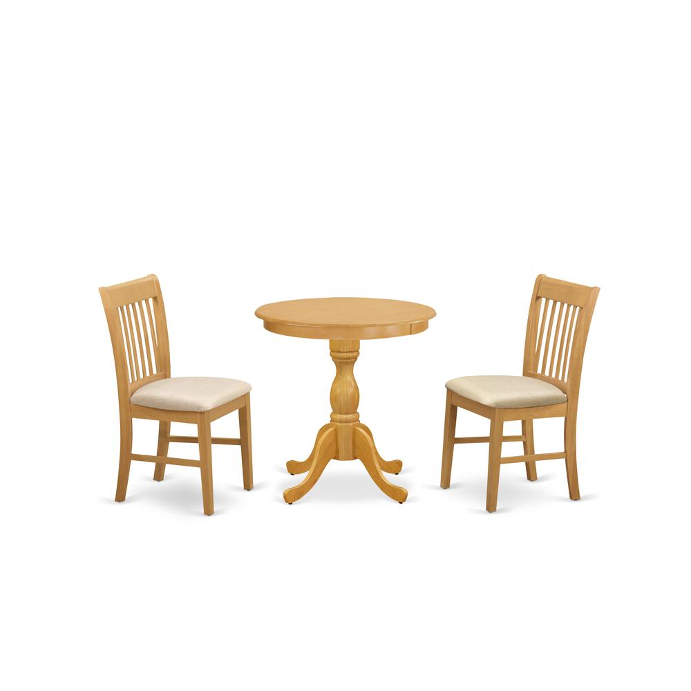 East West Furniture - ESNF3-OAK-C - 3-Pc Modern Dining Set - 2 Mid Century Dining Chairs and 1 Kitchen Dining Table (Oak Finish). Picture 1