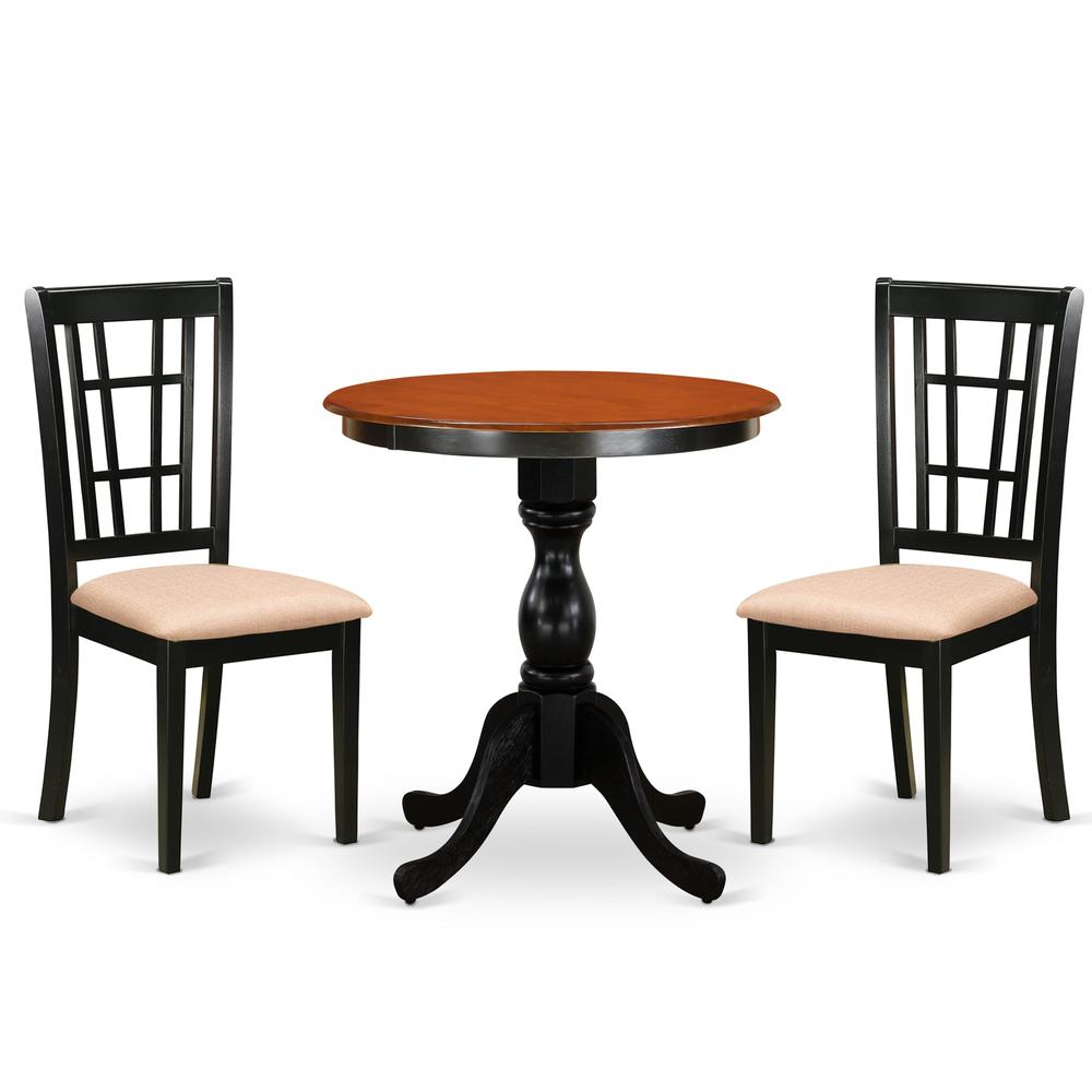 3 Pc Dining Room Table Set, Round Dining Table with Pedestal, 2 Linen Fabric Upholstered Chairs, Black & Cherry. Picture 1