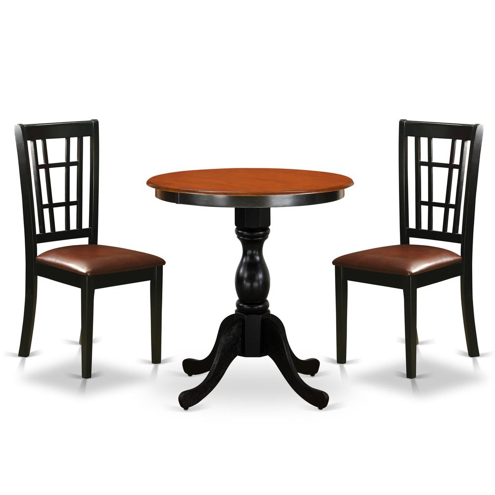East West Furniture 3-Piece Mid Century Dining Set Include a Dining Table and 2 Faux Leather Dining Chairs with Slatted Back - Black Finish. Picture 1