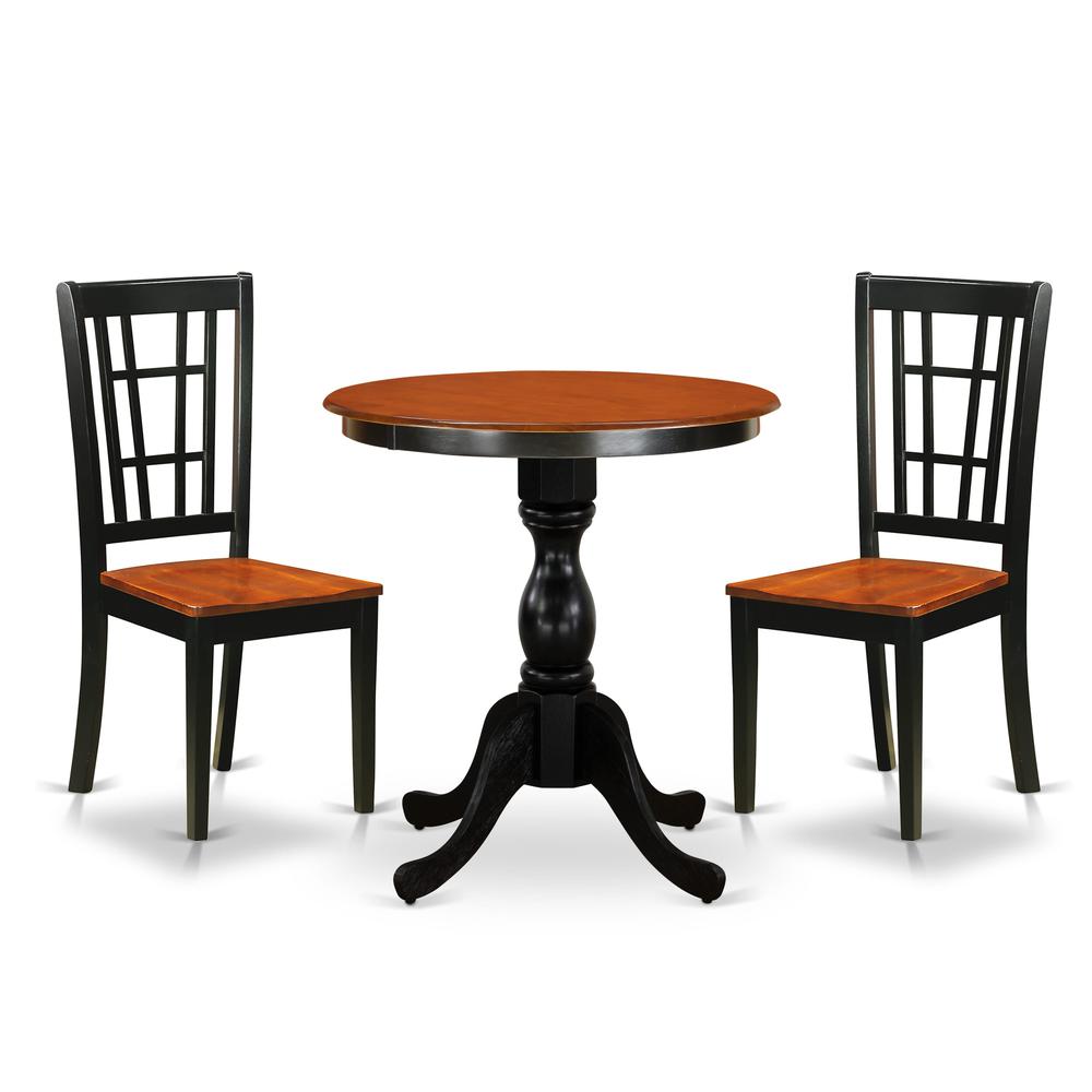 East West Furniture 3-Piece Dining Table Set Include a Round Dining Table and 2 Wooden Chairs with Slatted Back - Black Finish. Picture 1
