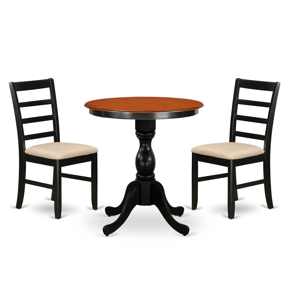 East West Furniture 3-Piece Dining Room Set Include a Wood Table and 2 Linen Fabric Kitchen Chairs with Ladder Back - Black Finish. Picture 1