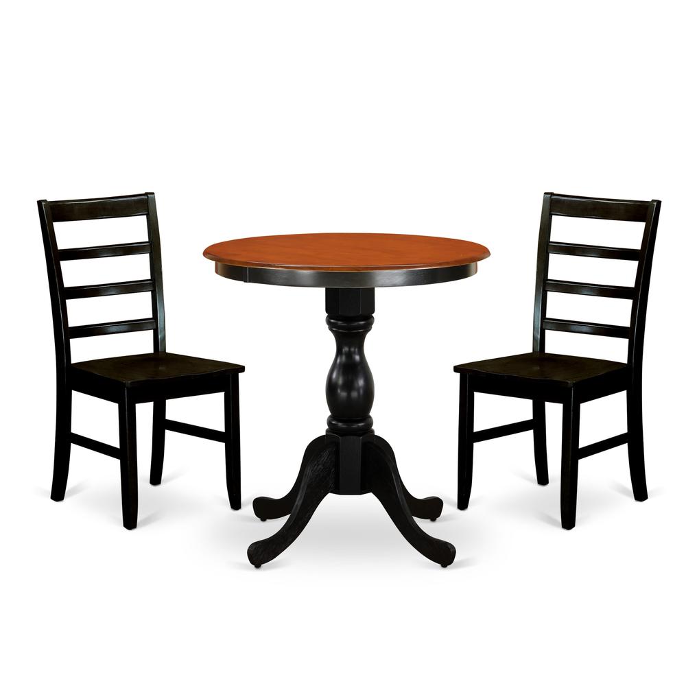 East West Furniture 3-Piece Mid Century Dining Set Contains a Dinner Table and 2 Mid Century Chairs with Ladder Back - Black Finish. Picture 1