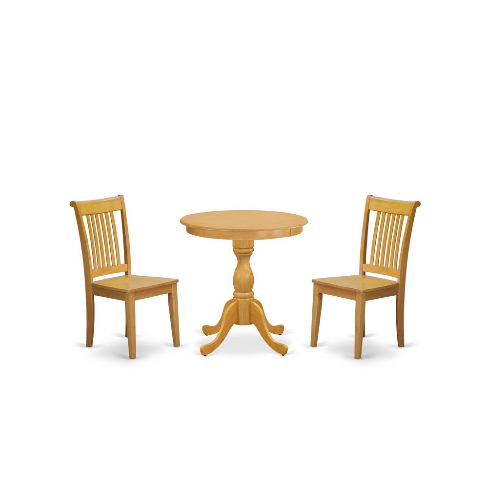 East West Furniture - ESPO3-OAK-W - 3-Pc Modern Dining Room Table Set - 2 Wooden Dining Room Chairs and 1 Wood Dining Table (Oak Finish). Picture 1