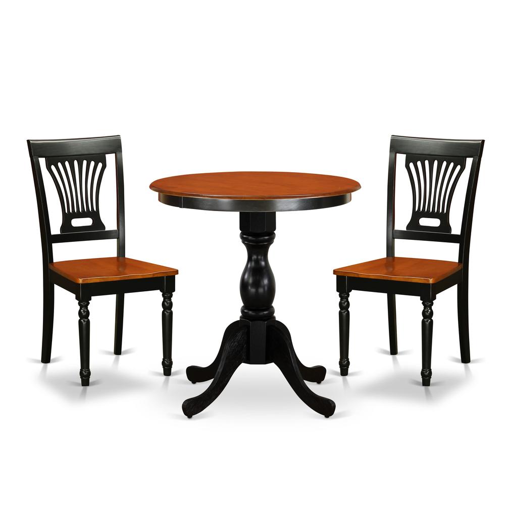 East West Furniture 3-Piece Kitchen Table Set Include a Wood Dining Table and 2 Modern Dining Chairs with Slatted Back - Black Finish. Picture 1