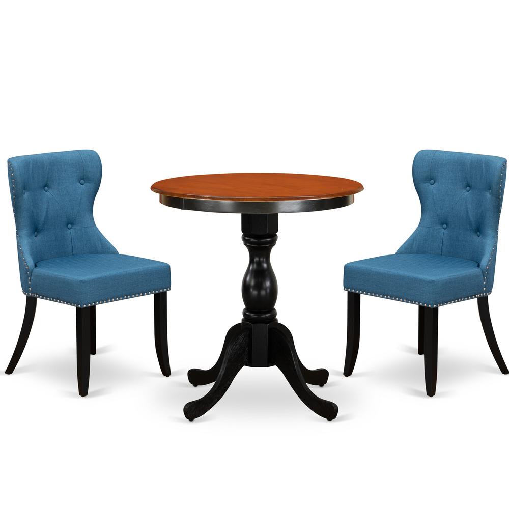 East West Furniture 3-Piece Modern Dining Set Include a Wooden Table and 2 Blue Linen Fabric Dining Room Chairs with Button Tufted Back - Black Finish. Picture 1