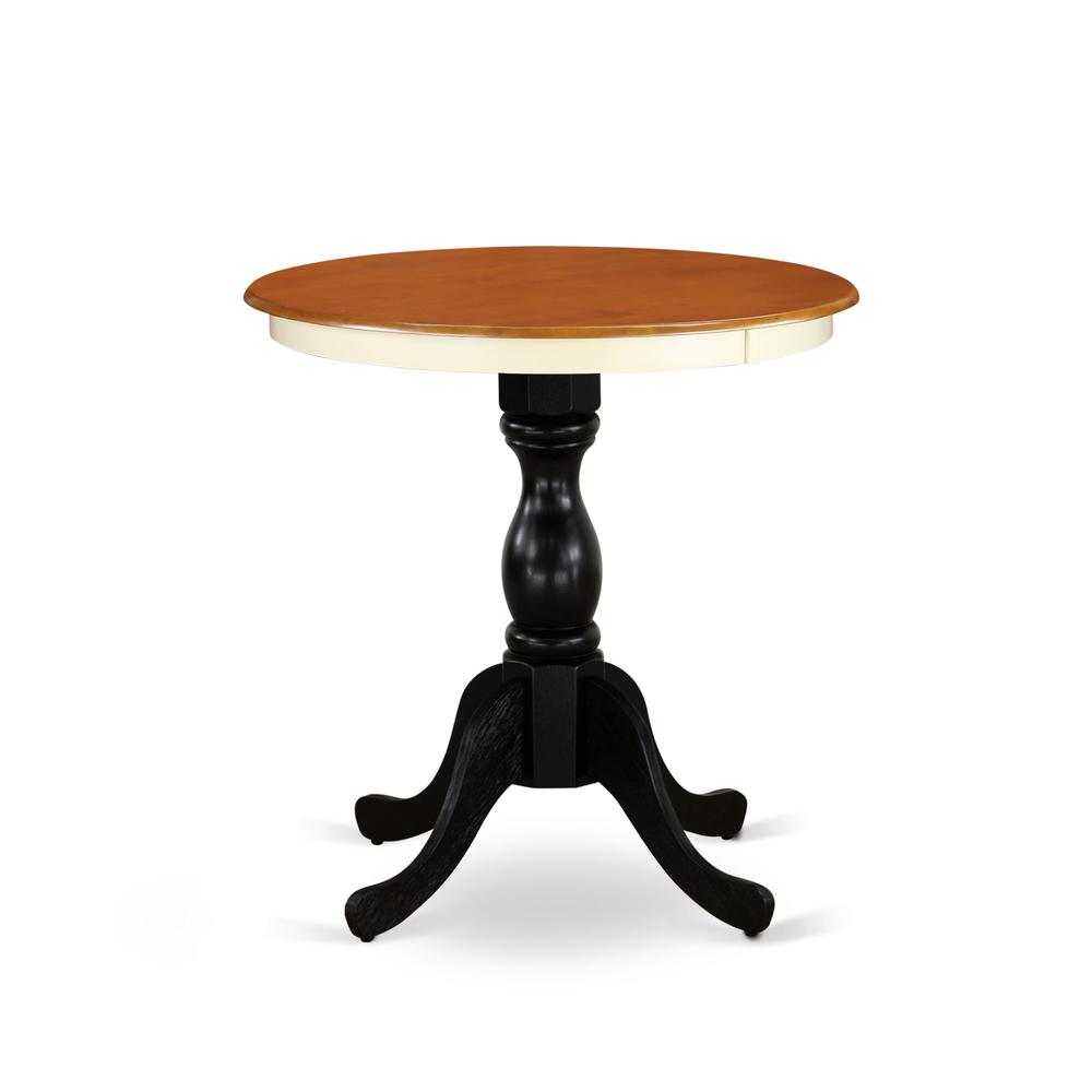East West Furniture Eden 30" Round Kitchen Table for Small Space - Buttermilk Top & Black Pedestal. Picture 1