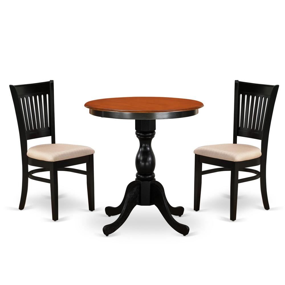 East West Furniture 3-Piece Dining Table Set Include a Wood Table and 2 Linen Fabric Kitchen Chairs with Slatted Back - Black Finish. Picture 2