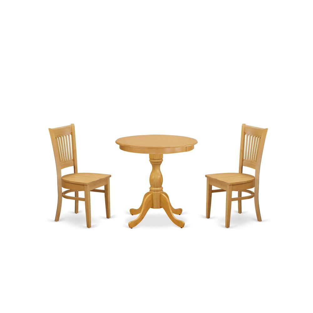 East West Furniture - ESVA3-OAK-W - 3-Pc Dining Room Table Set - 2 Wooden Dining Room Chairs and 1 Dining Room Table (Oak Finish). Picture 1
