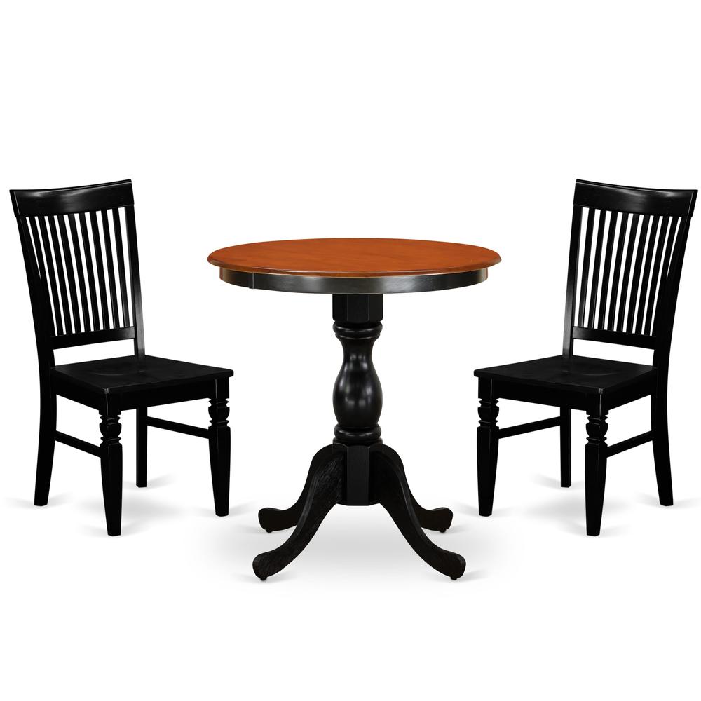 East West Furniture 3-Piece Dining Set Include a Wooden Dining Table and 2 Dining Chairs with Slatted Back - Black Finish. Picture 1