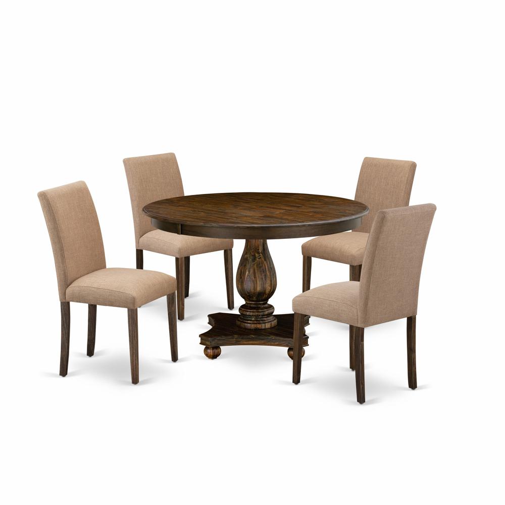 East West Furniture 5 Piece Kitchen Dining Table Set Includes a Dining Table and 4 Light Sable Linen Fabric Dining Chairs with High Back - Distressed Jacobean Finish. Picture 1