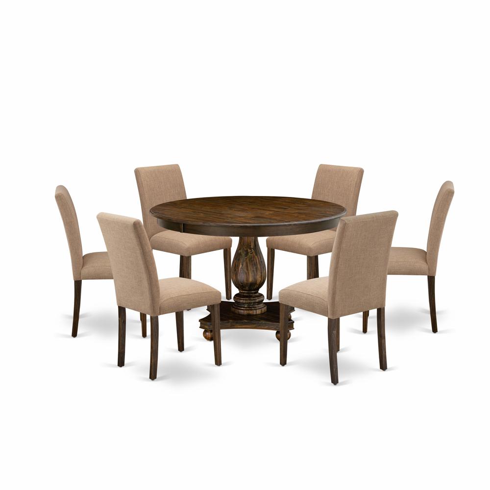 East West Furniture 7 Piece Dining Room Set Contains a Modern Dining Table and 6 Light Sable Linen Fabric Dining Chairs with High Back - Distressed Jacobean Finish. Picture 1