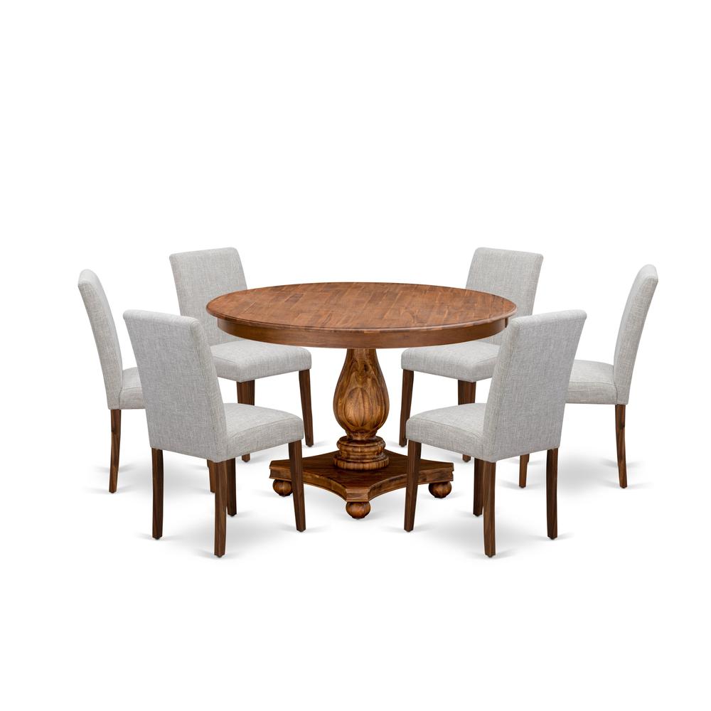 East West Furniture 7-Piece Dinette Set - Kitchen Pedestal Table and 6 Doeskin Color Parson Wood Chairs with High Back - Antique Walnut Finish. Picture 1