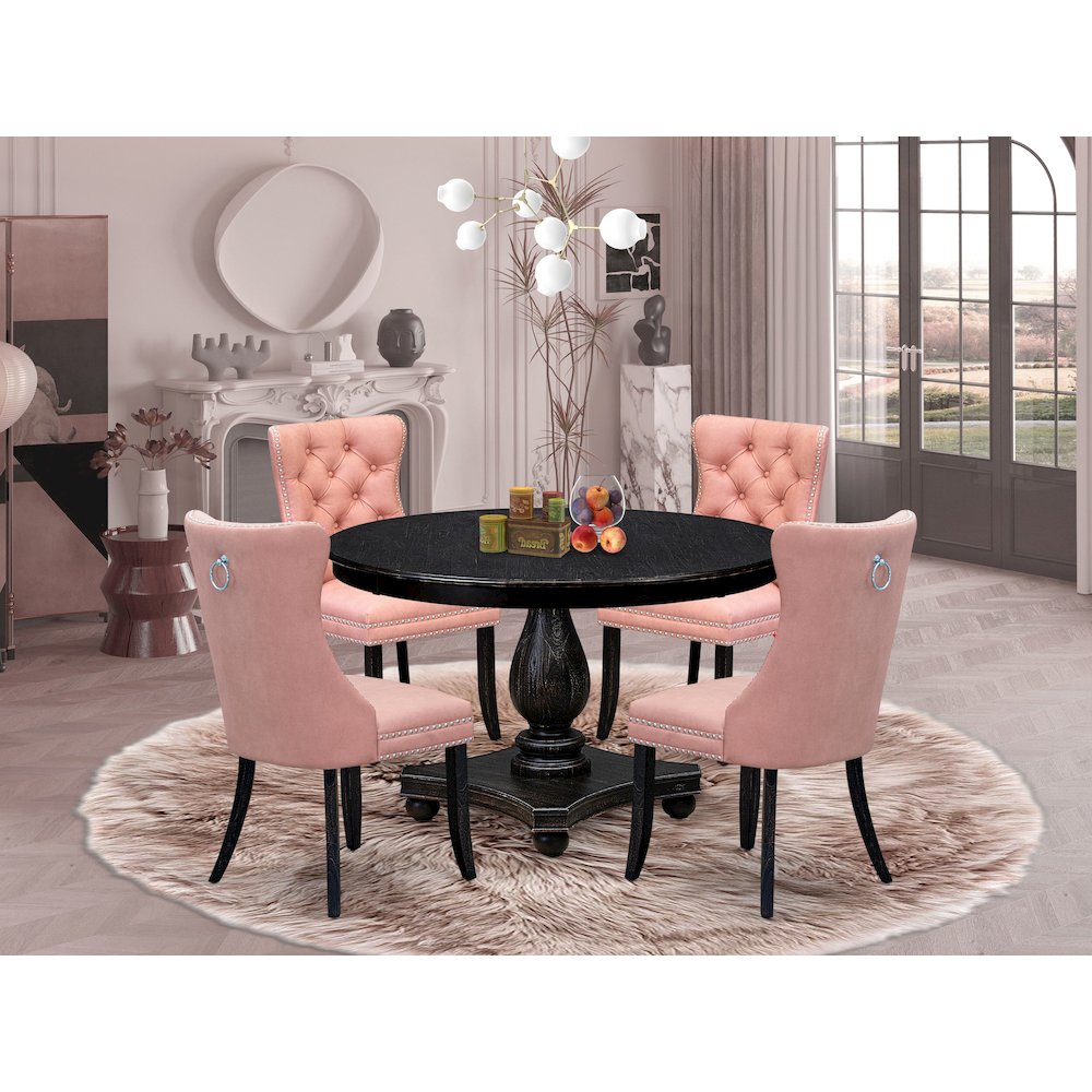 5 Piece Dining Set For 4 Consists Of 48" Round Table In Beige Red Color. Picture 2