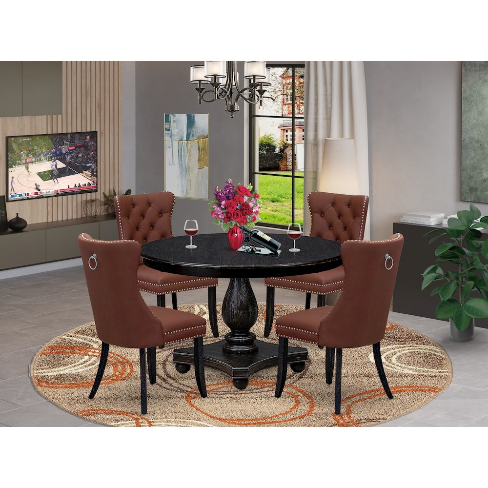 5 Piece Dining Table Set Consists Of 48" Round Table In Burgandy Color. Picture 2