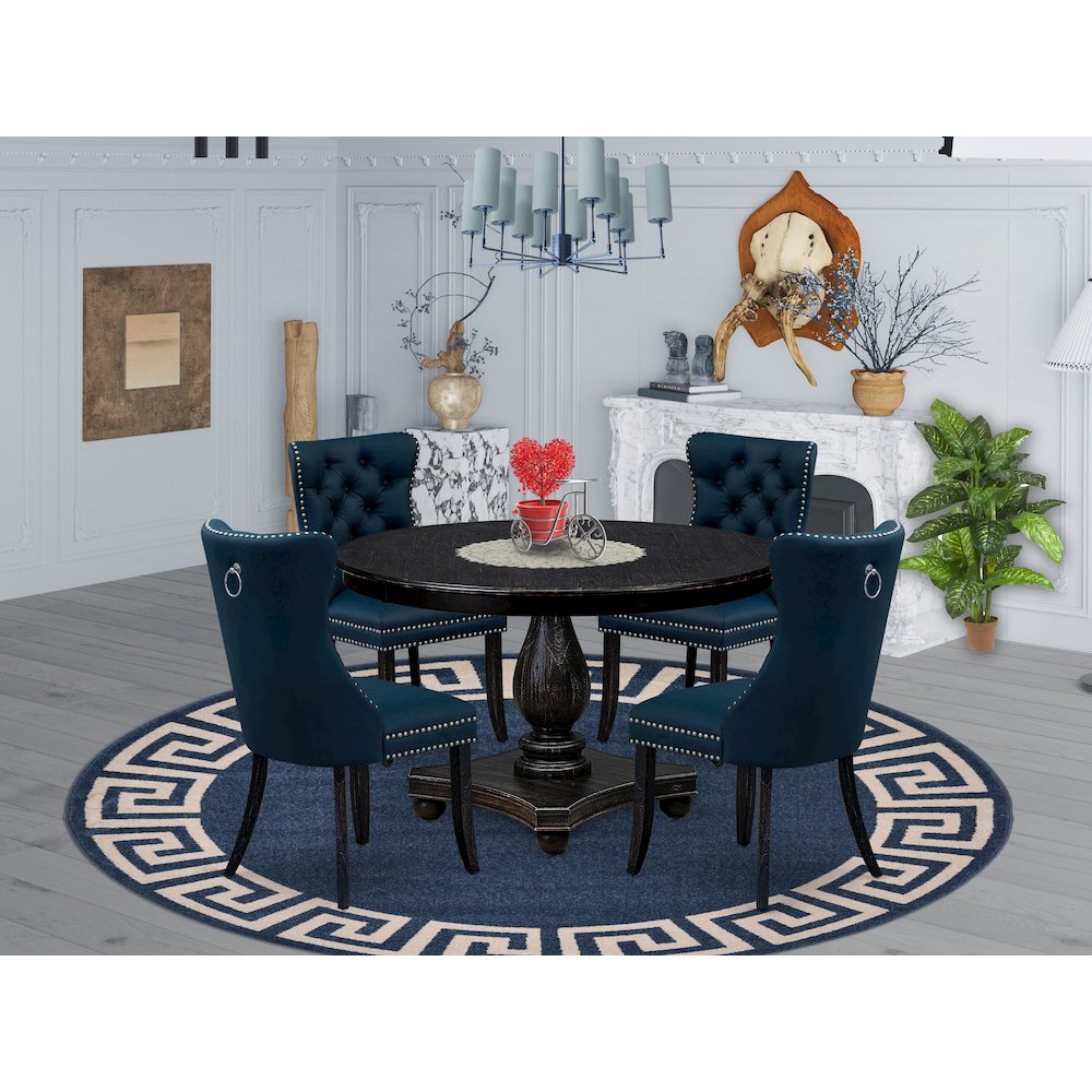 5 Piece Dining Table Set Includes 48" Round Table In Navy Blue Color. Picture 2