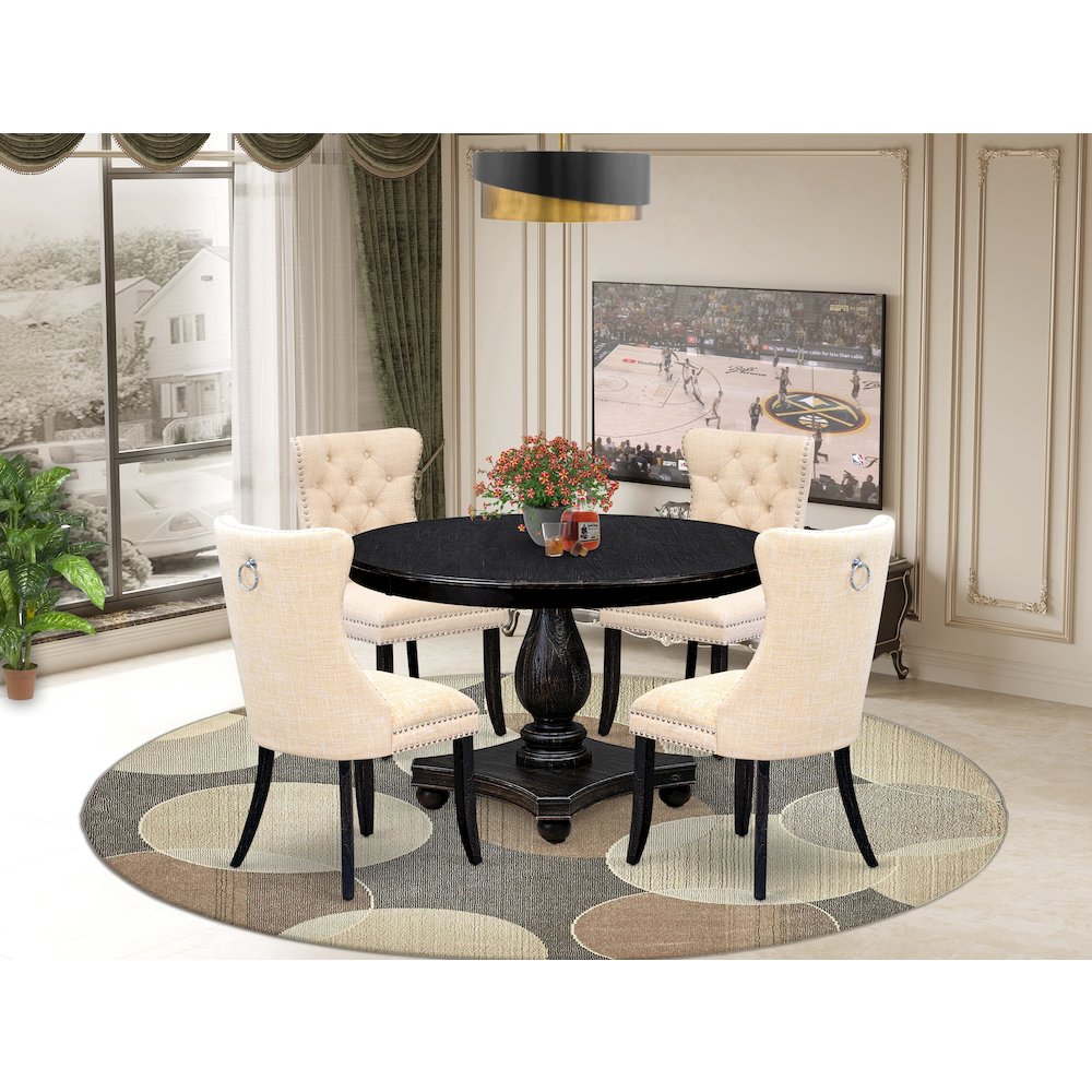 5-Piece Kitchen Set A Kitchen Table, 4 Light Beige Linen Fabric Dinner Chair. Picture 2
