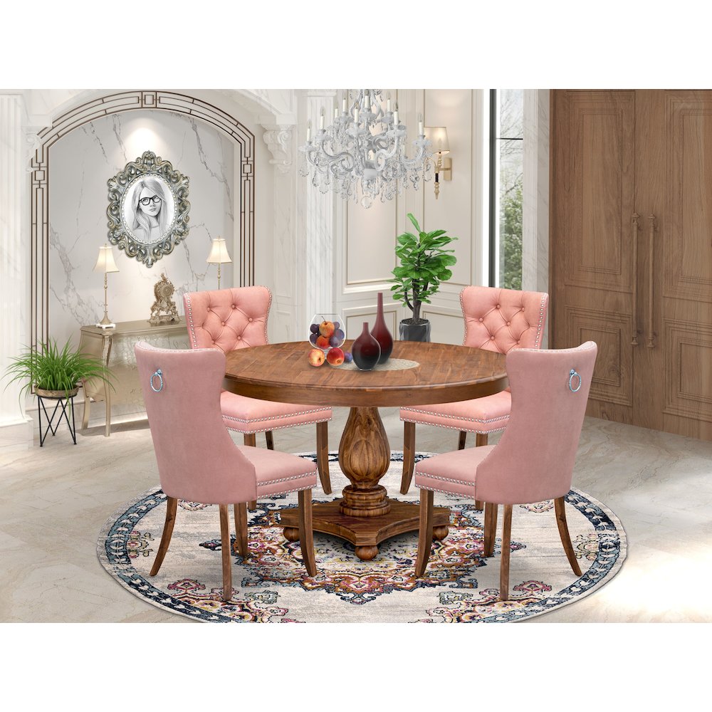 5-Pc Mid Century Dining Set Consist A Kitchen Table, 4 Beige Red Parson Chairs. Picture 2