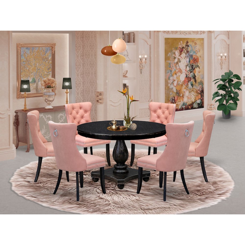 7 Piece Dining Set Contains 48" Round Kitchen Table In Beige Red Color. Picture 2