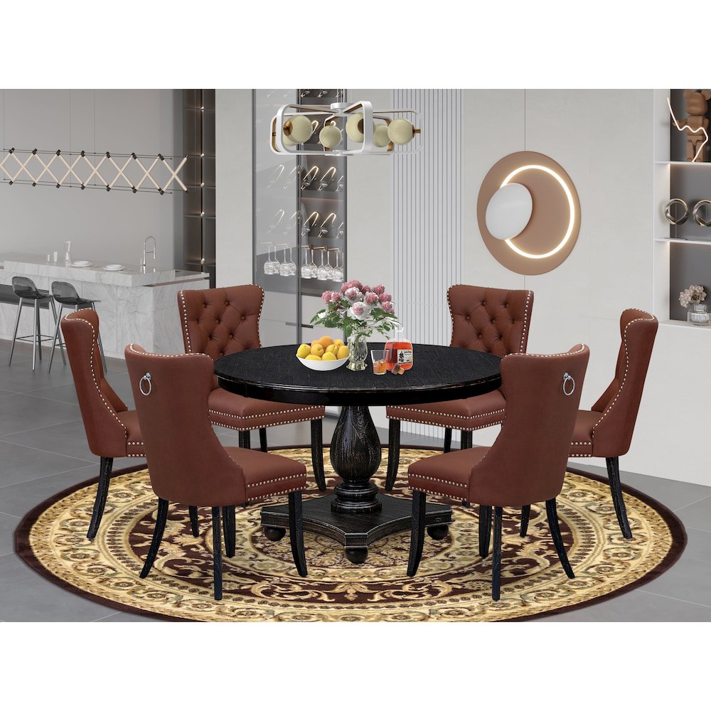 7 Piece Dining Table Set Contains 48" Round Table In Burgandy Color. Picture 2