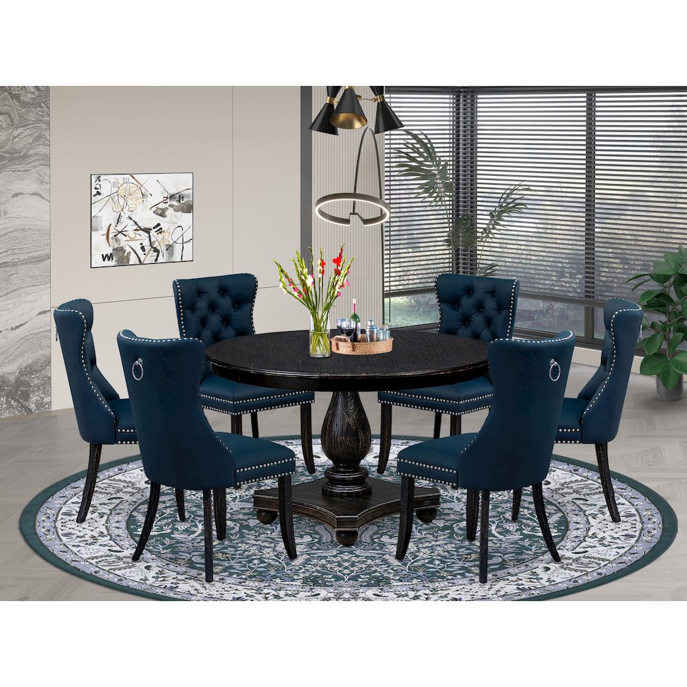 7 Piece Dining Table Set Consists Of 48" Round Table In Navy Blue Color. Picture 2
