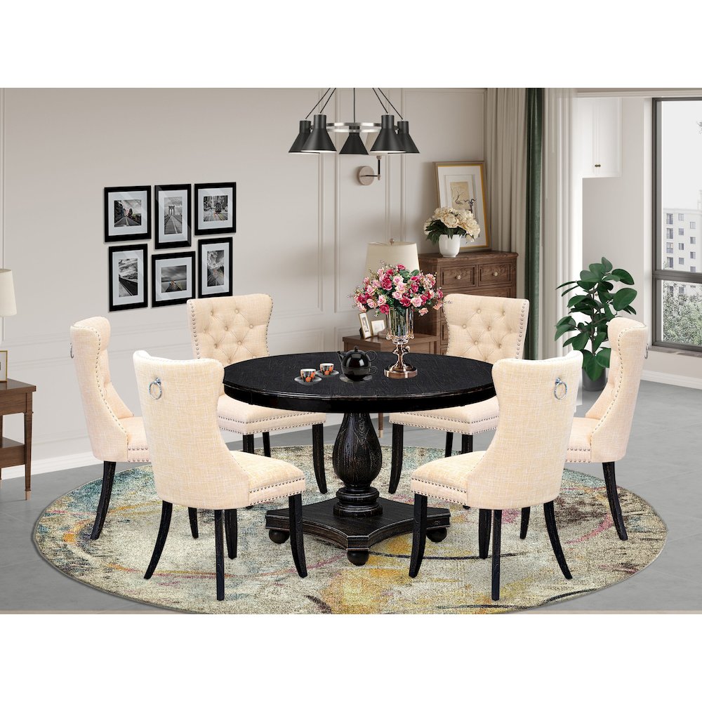 7-Piece Dining A Wooden Table And 6 Light Beige Linen Fabric Dinning Chairs. Picture 2