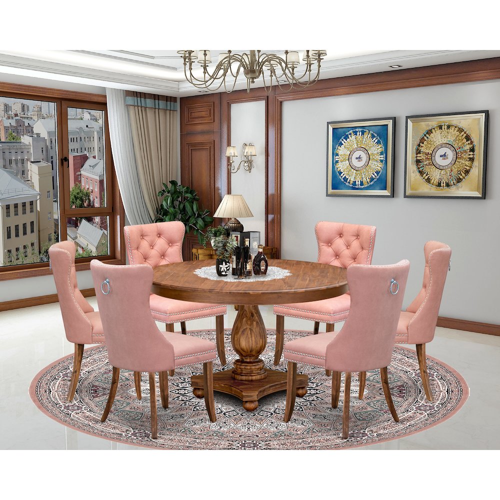 7-Pc Dinner Set Contain A Mid Century Table And 6 Beige Red Upholstered Chairs. Picture 2