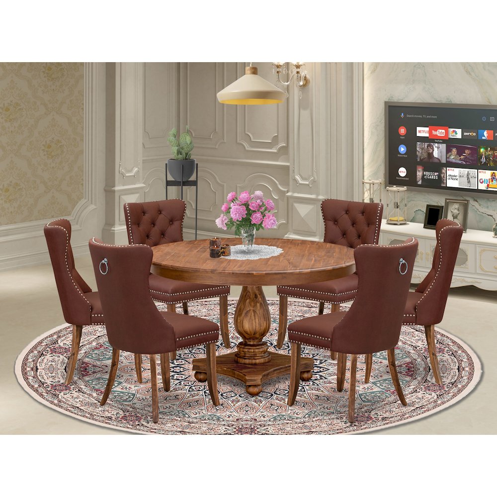 7-Pc Dining Set Contain A Mid Century Modern Table And 6 Burgundy Padded Chairs. Picture 2