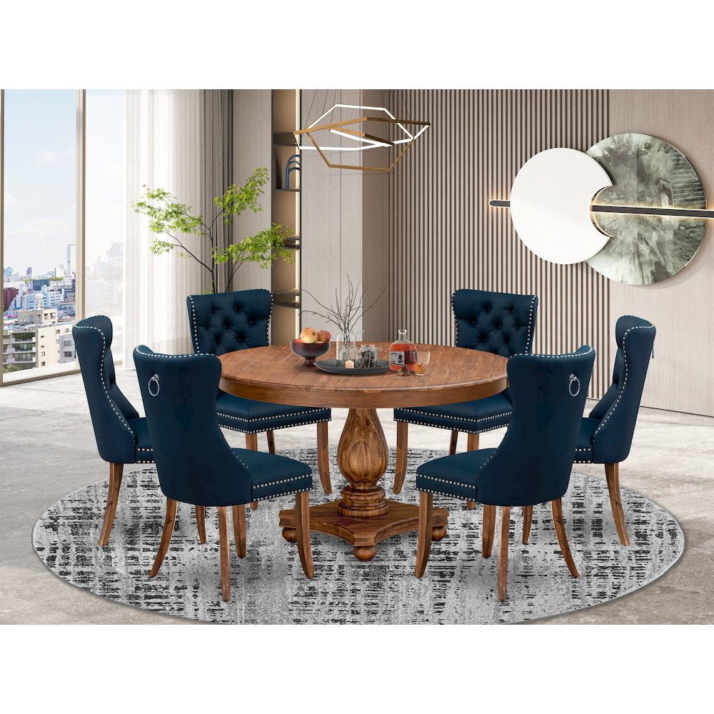 7-Pc Kitchen Dining Table Set Contain A Mid Century Table And 6 Navy Blue Chairs. Picture 2
