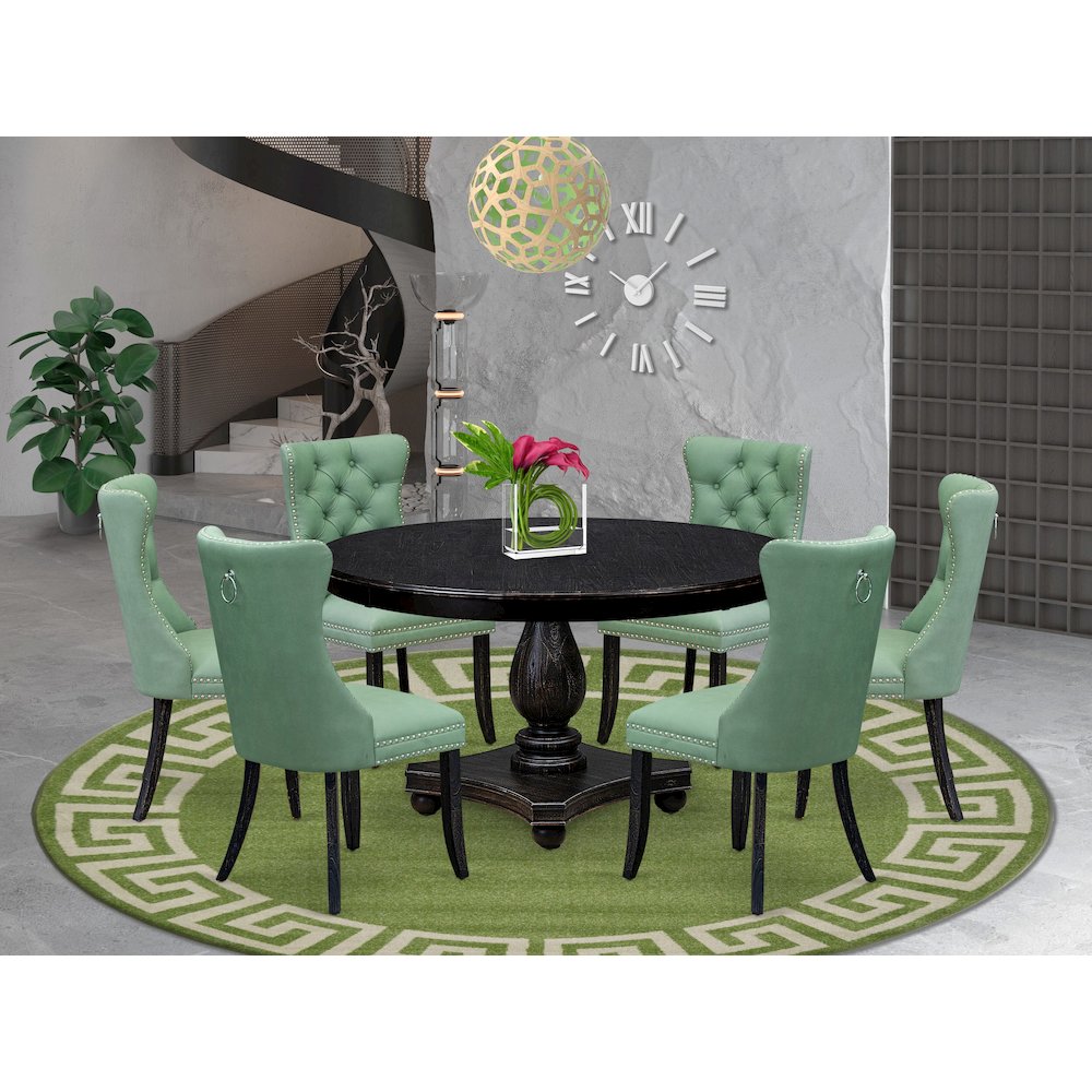 7 Piece Dinette Set Contains 54" Round Table In Willow Green Color. Picture 2